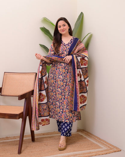 Blue Yellow Paisley Cotton Suit