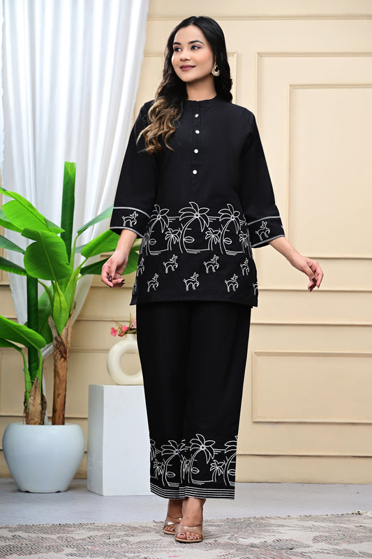 Black Embroidered Cotton Co-Ord Set