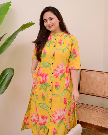 Yellow Lotus Cotton Kurta Palazzo Set