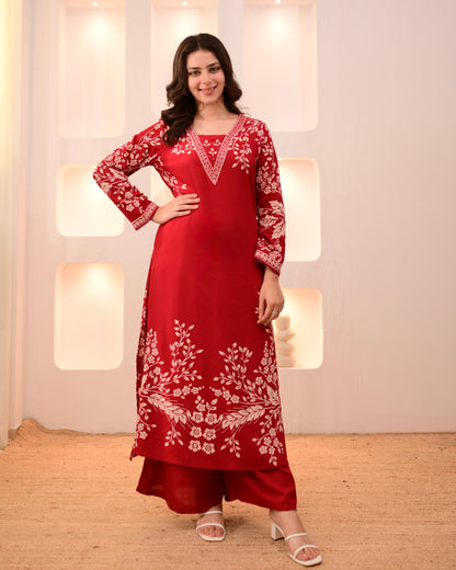 Scarlet Petals Cotton A Line Kurta Palazzo Set