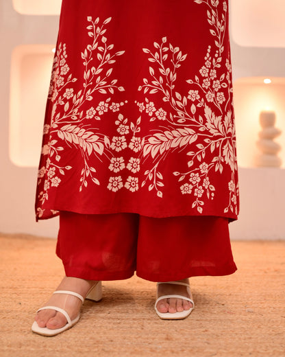 Scarlet Petals Cotton A Line Kurta Palazzo Set