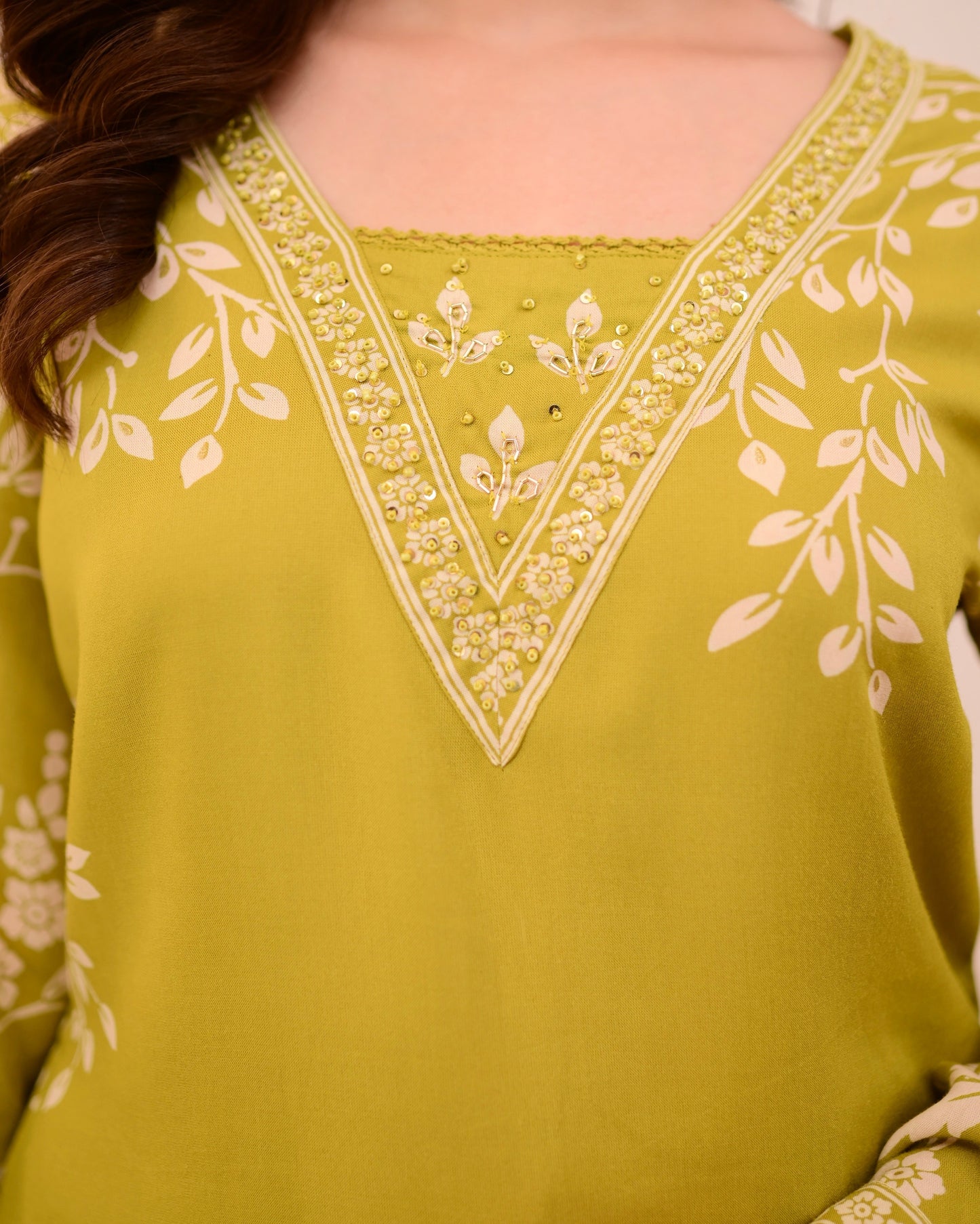 Lime Green Petals Cotton A Line Kurta Palazzo Set