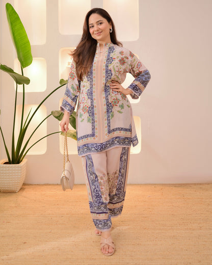 Ivory Blue Botanic Charm Crepe Co-ord Set
