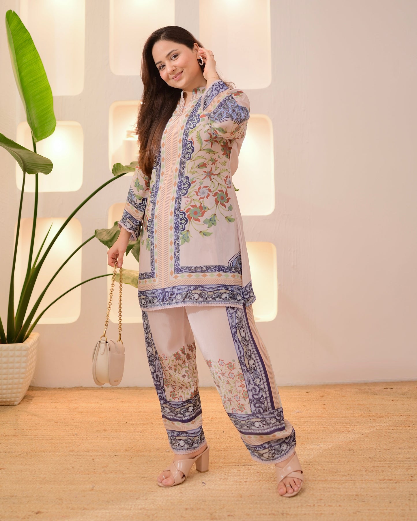 Ivory Blue Botanic Charm Crepe Co-ord Set