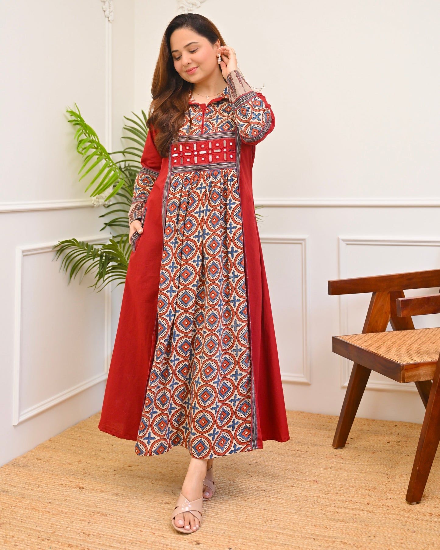 Ruhani Red Ajrakh Mirrorwork Cotton Kurta Dress