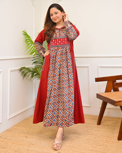 Ruhani Red Ajrakh Mirrorwork Cotton Kurta Dress