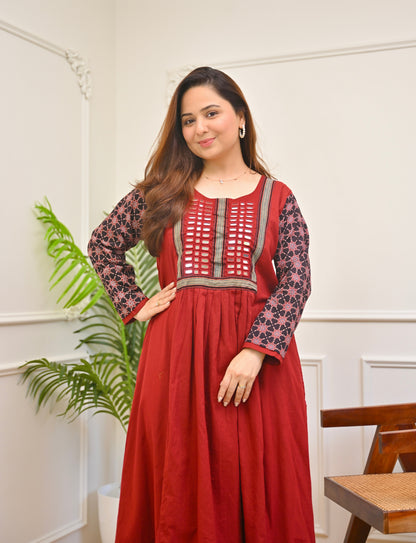 Scarlet Bloom Ajrakh Mirrorwork Cotton Kurta Dress