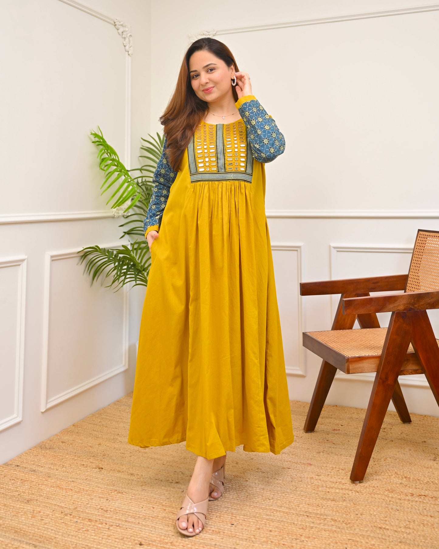 Haldi Heritage Ajrakh Mirrorwork Cotton Kurta Dress