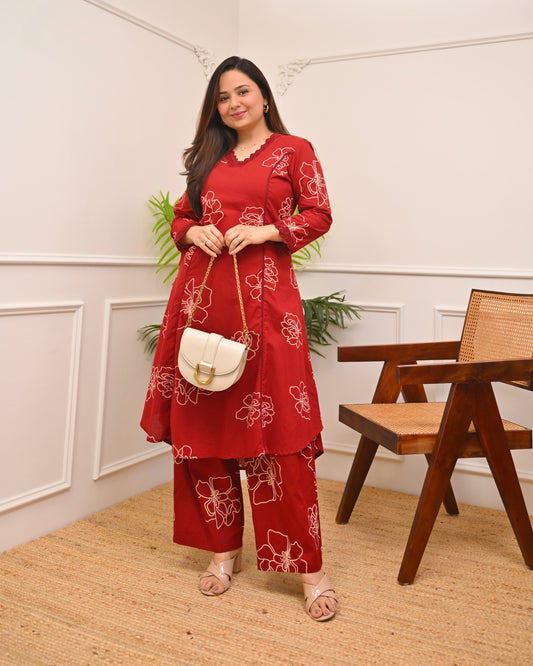 Crimson Floral A Line Cotton Kurta Set
