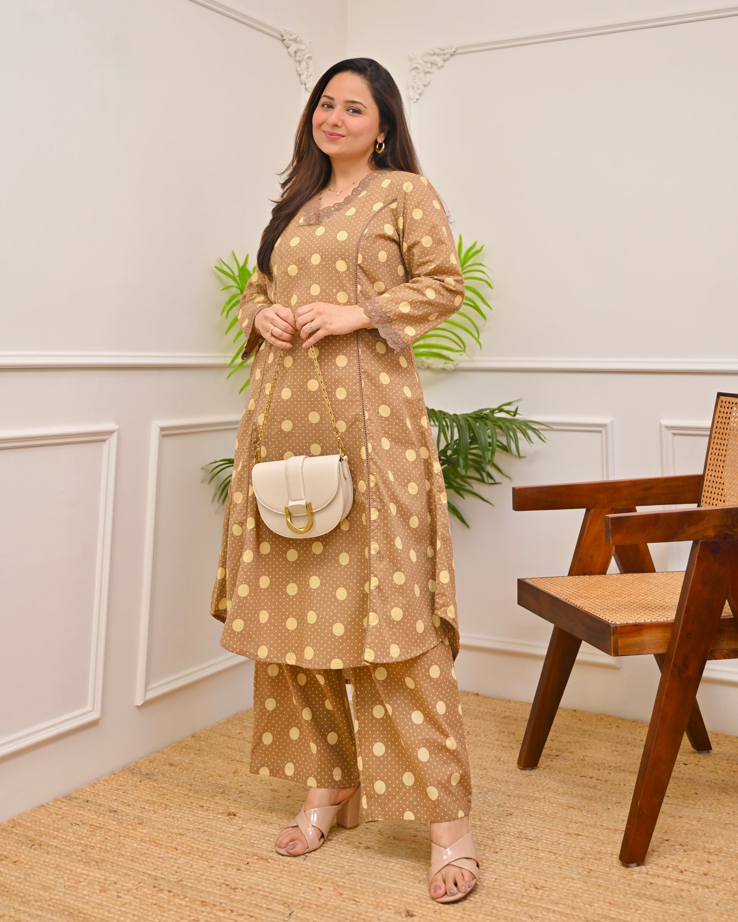 Brown Polka Dots A Line Cotton Kurta Set