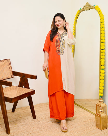 Coral Ivory Natural Crepe Handwork Co-ord
