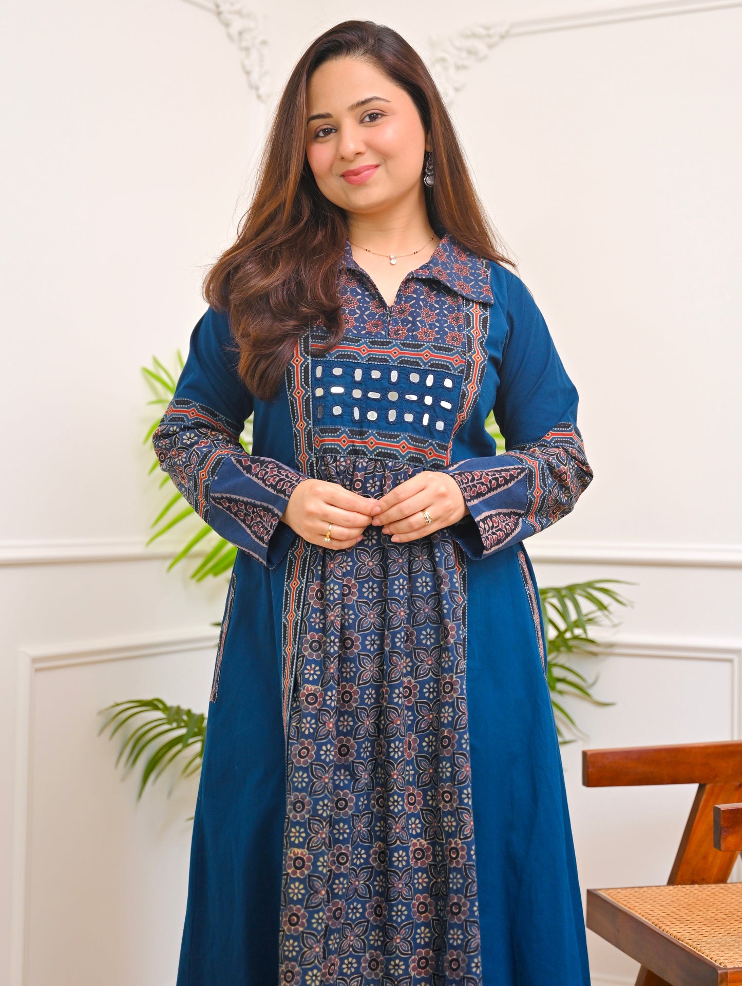 Sapphire Raas Ajrakh Mirrorwork Cotton Kurta Dress