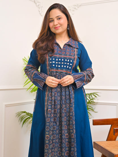 Sapphire Raas Ajrakh Mirrorwork Cotton Kurta Dress