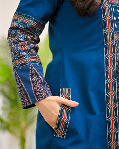 Sapphire Raas Ajrakh Mirrorwork Cotton Kurta Dress