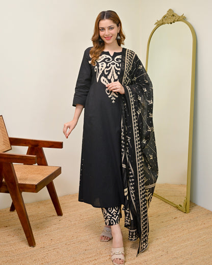 Black Kalamkari Pearl Cotton Suit