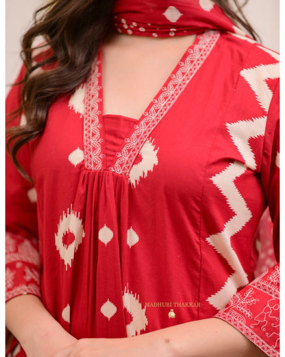 Red A Line Geometric Cotton Suit