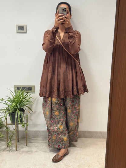 Brown Anarkali with Cotton Farshi Salwar