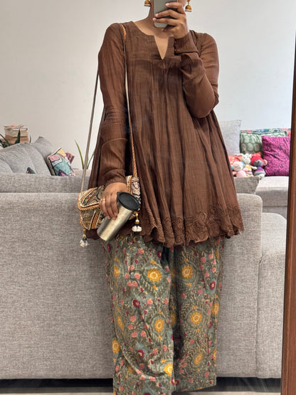 Brown/green Mul chanderi embroidered Anarkali with Cotton Farshi Salwar