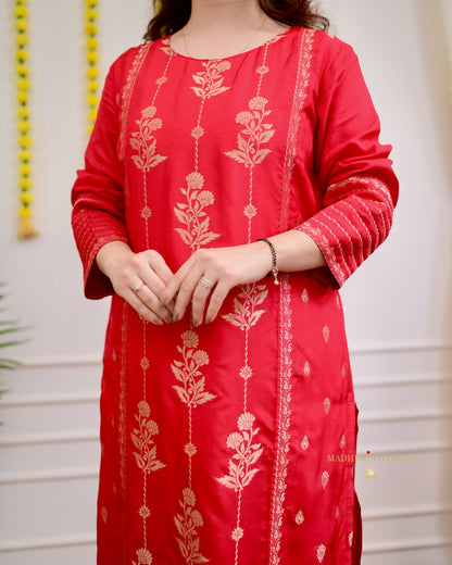 Red Silk Jacquard Festive Suit Set