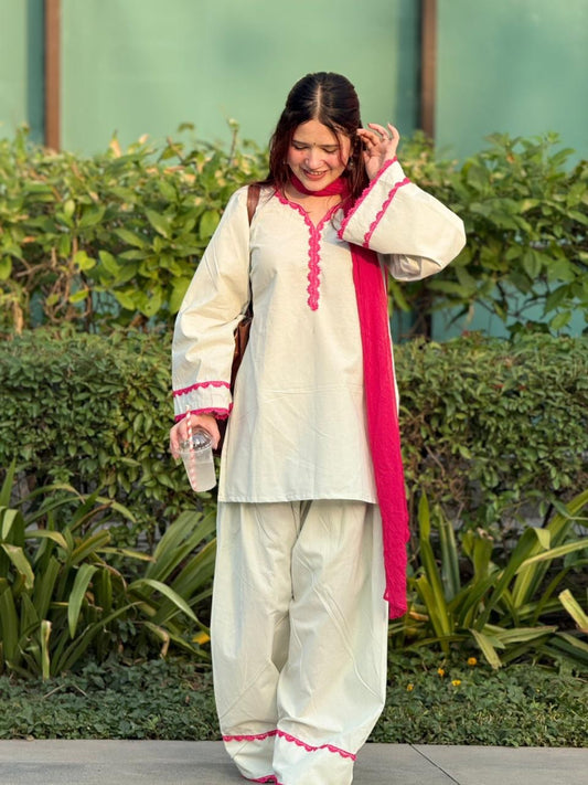 Aarohi Premium Cotton Lace Work Kurta Pant Dupatta Set