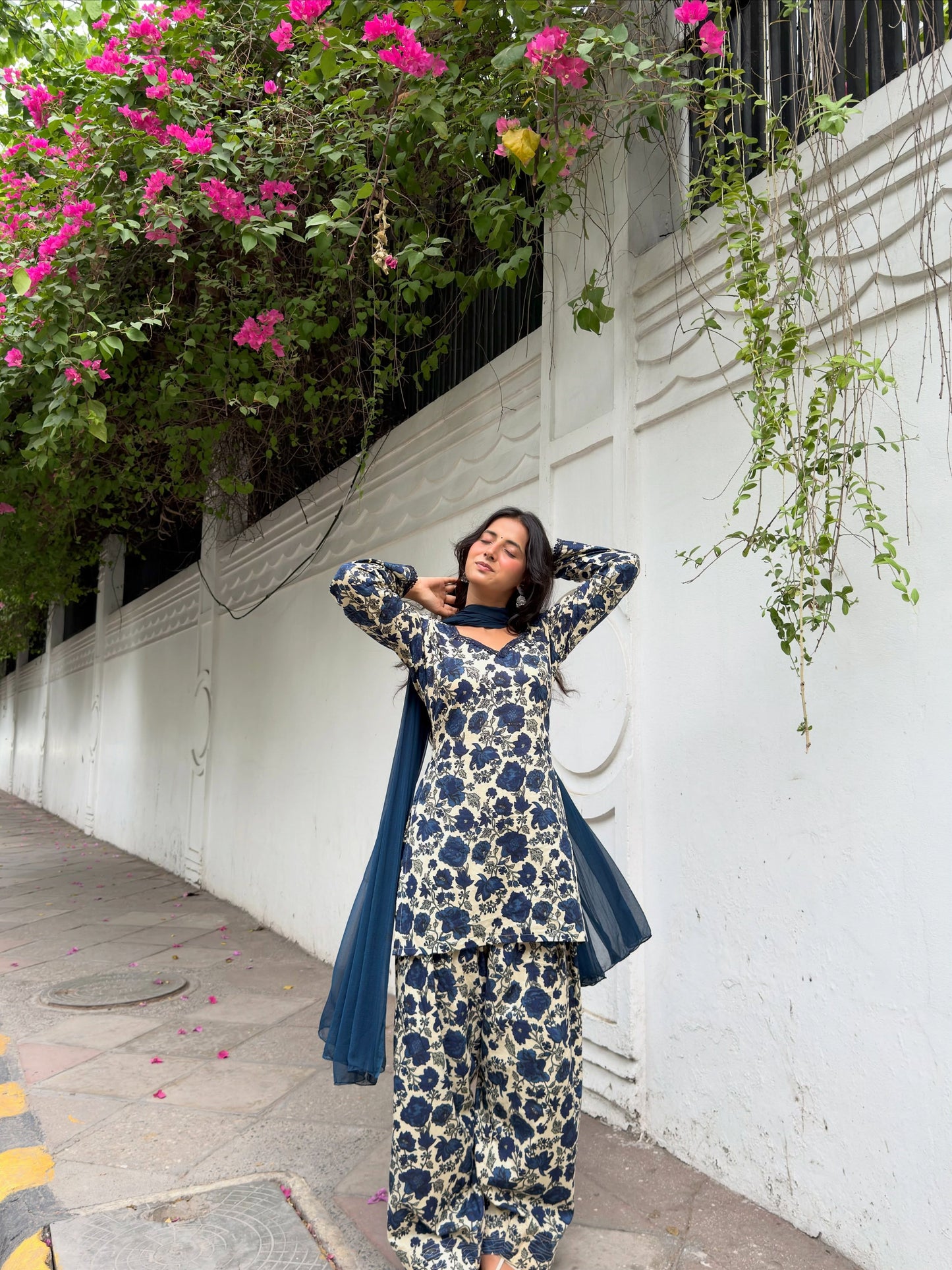 Noor-e-Navy Floral Cotton Farshi Suit Set