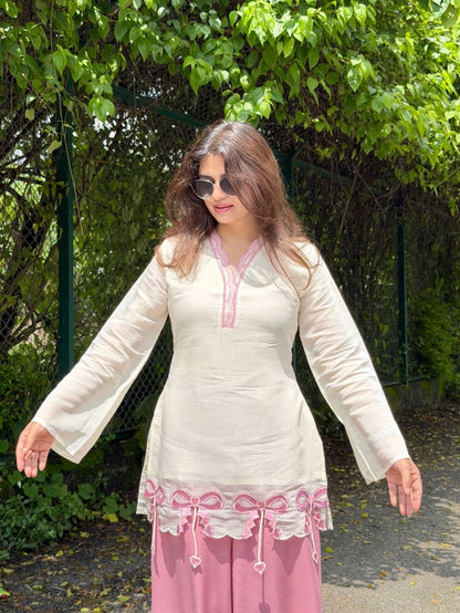 Alara Pink Bow Embroidered Kurta Set