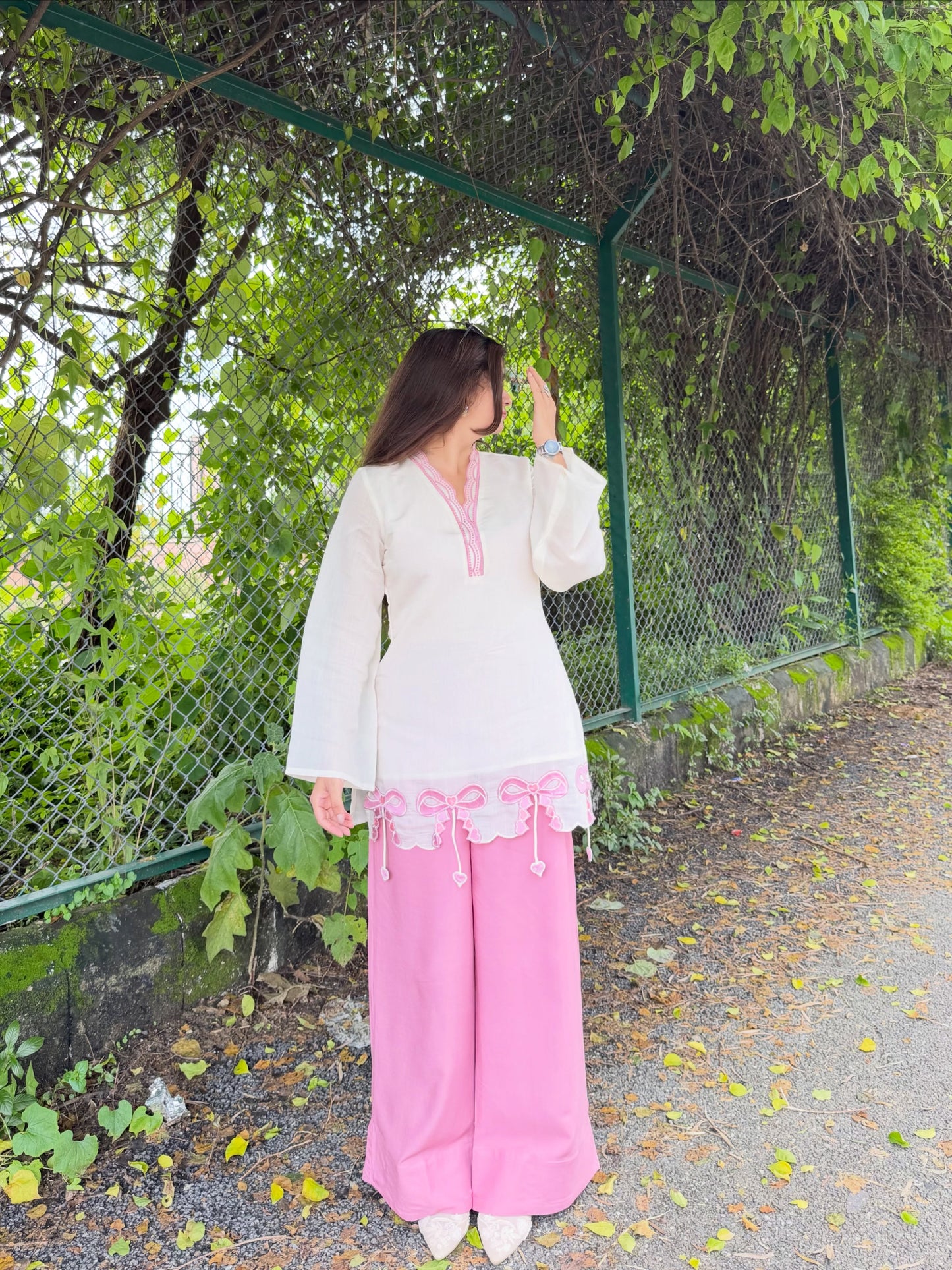 Alara Pink Bow Embroidered Kurta Set