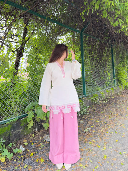 Alara Pink Bow Embroidered Kurta Set