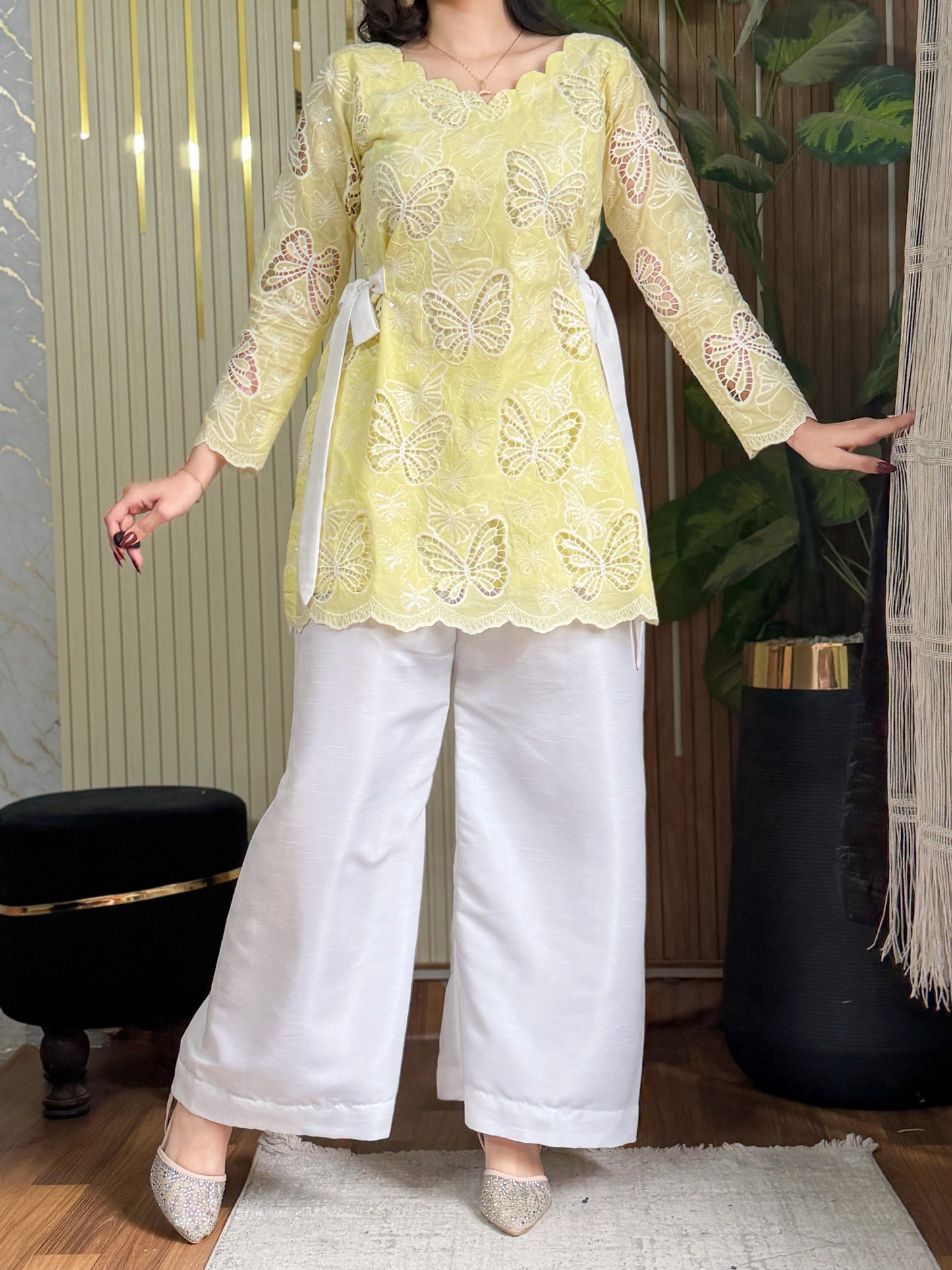 Meher Lemon Butterfly Embroidered Kurta Palazzo Set