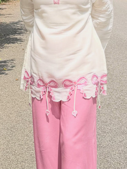 Alara Pink Bow Embroidered Kurta Set