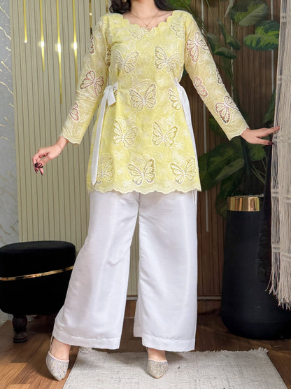 Meher Lemon Butterfly Embroidered Kurta Palazzo Set