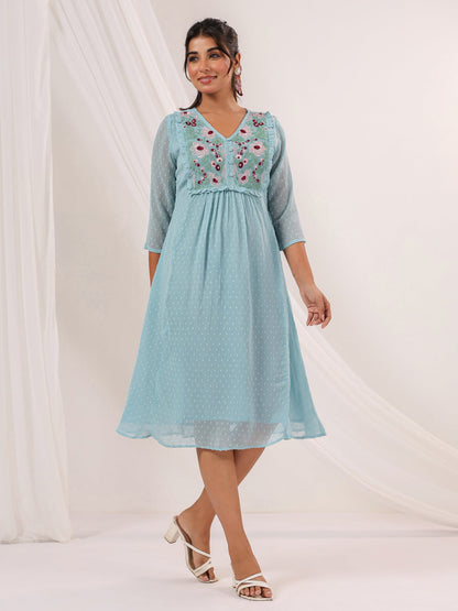 Niva's Women's Light Blue Dobby Chiffon Embroidered A-line Dress