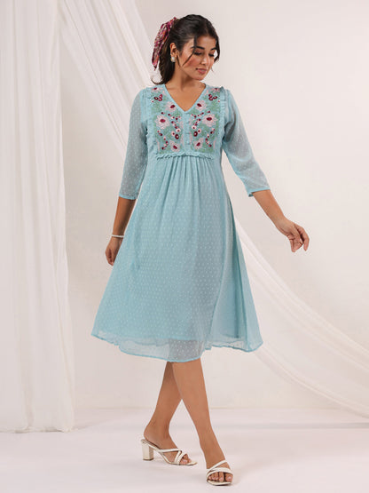 Niva's Women's Light Blue Dobby Chiffon Embroidered A-line Dress