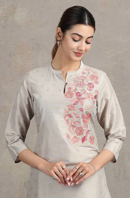 Light Gray Floral Embroidered Straight Co-ord Set