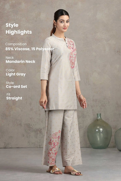 Light Gray Floral Embroidered Straight Co-ord Set