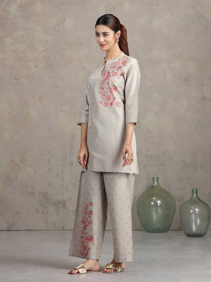 Light Gray Floral Embroidered Straight Co-ord Set
