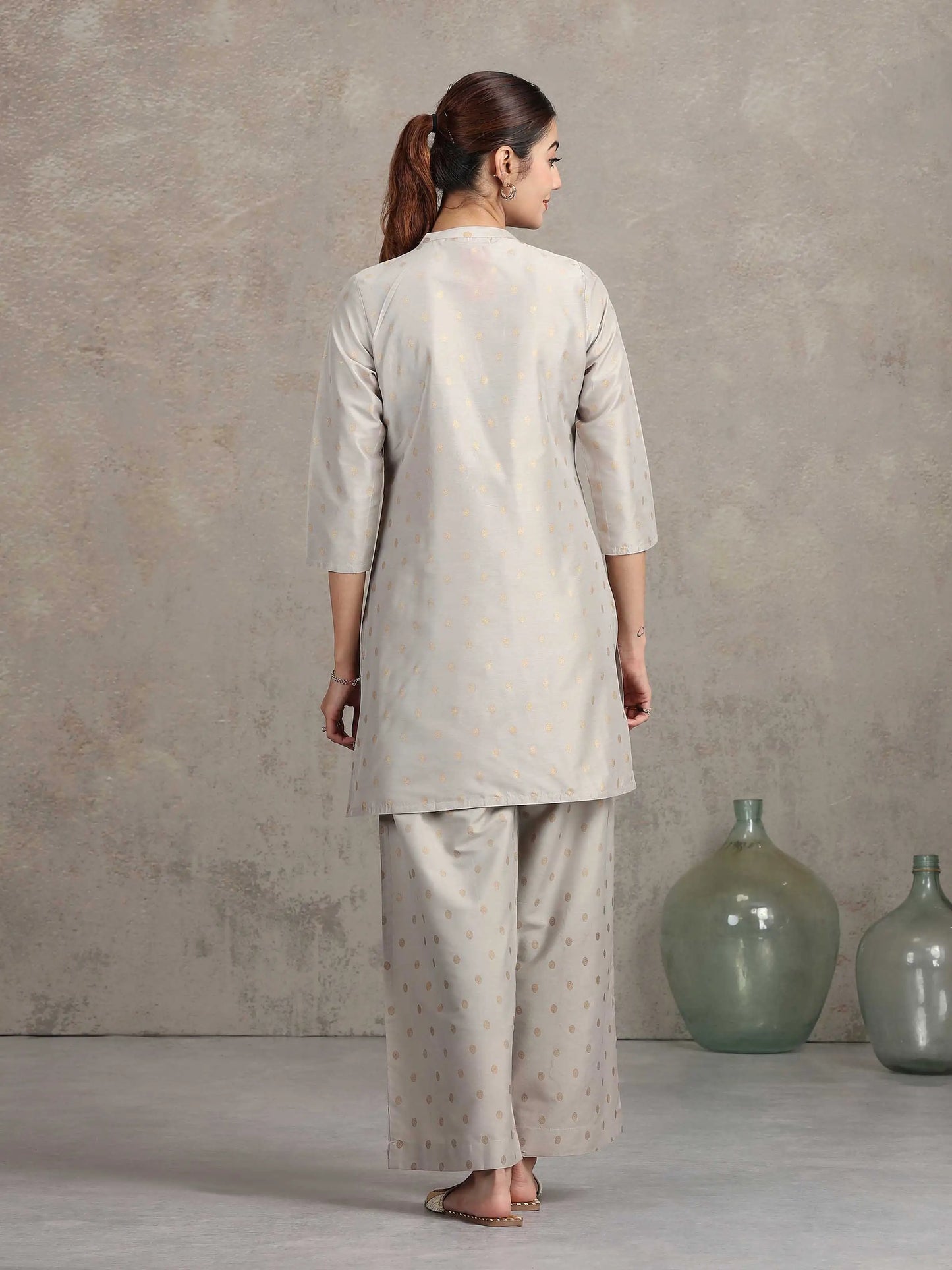 Light Gray Floral Embroidered Straight Co-ord Set