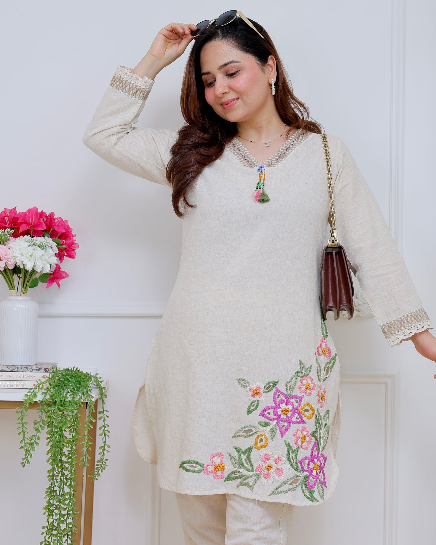 Ivory Rosé Garden Threadwork Cotton Co-ord
