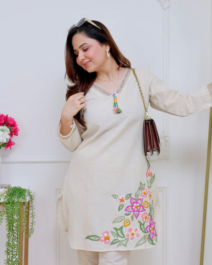 Ivory Rosé Garden Threadwork Cotton Co-ord