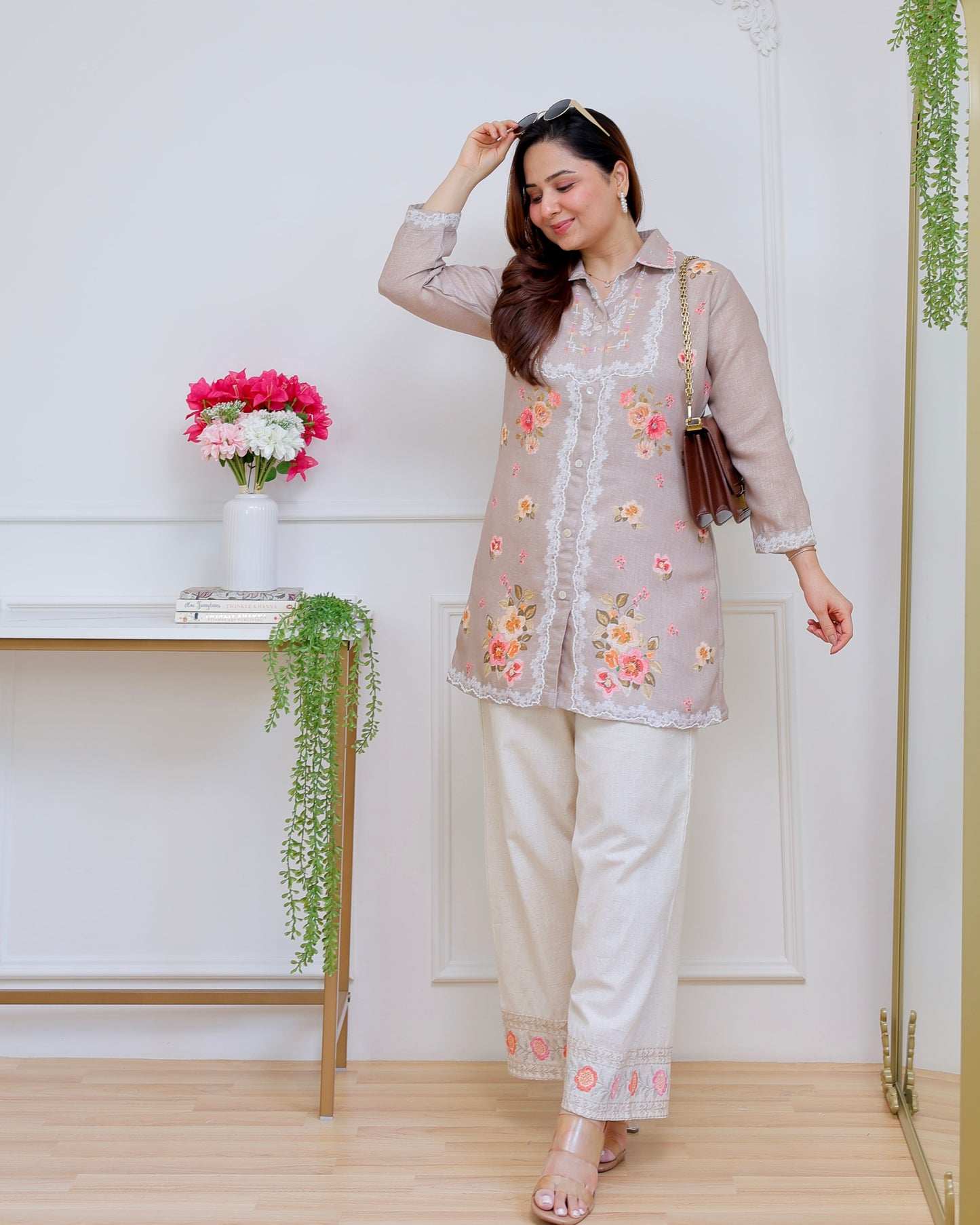 Nude Petals Pearl Threaded Linen Cotton Co-ord