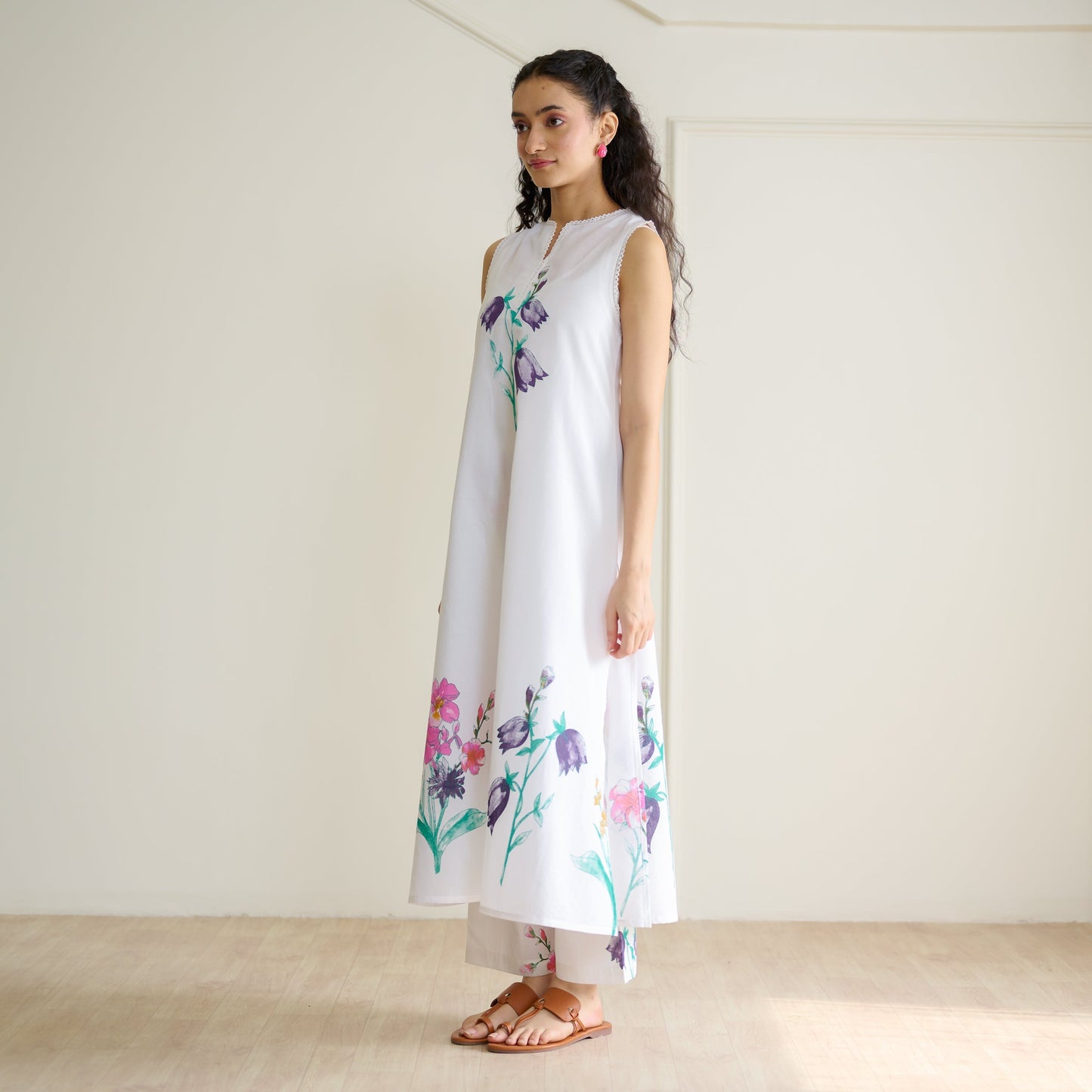 Aviva Patchwork Cotton Kurta Set with Mulmul Slip - Sharp White