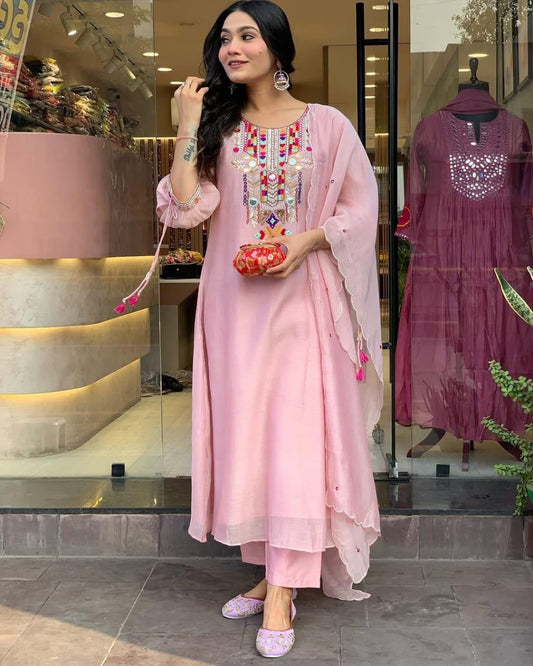 Light Pink Embroidered Chanderi Suit Set with Dupatta