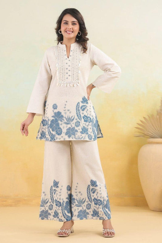 Off White Printed Cotton Slub Co-Ord Set