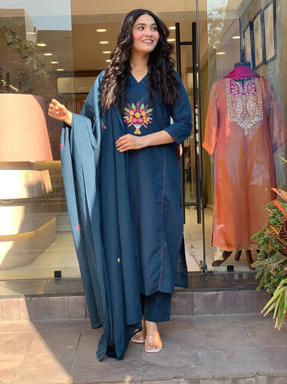 Blue Embroidered Cotton Flex Kurta and Pant Set with Dupatta