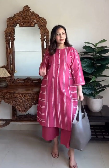 Cotton Dabu Handblock Striped Printed Kurta Set