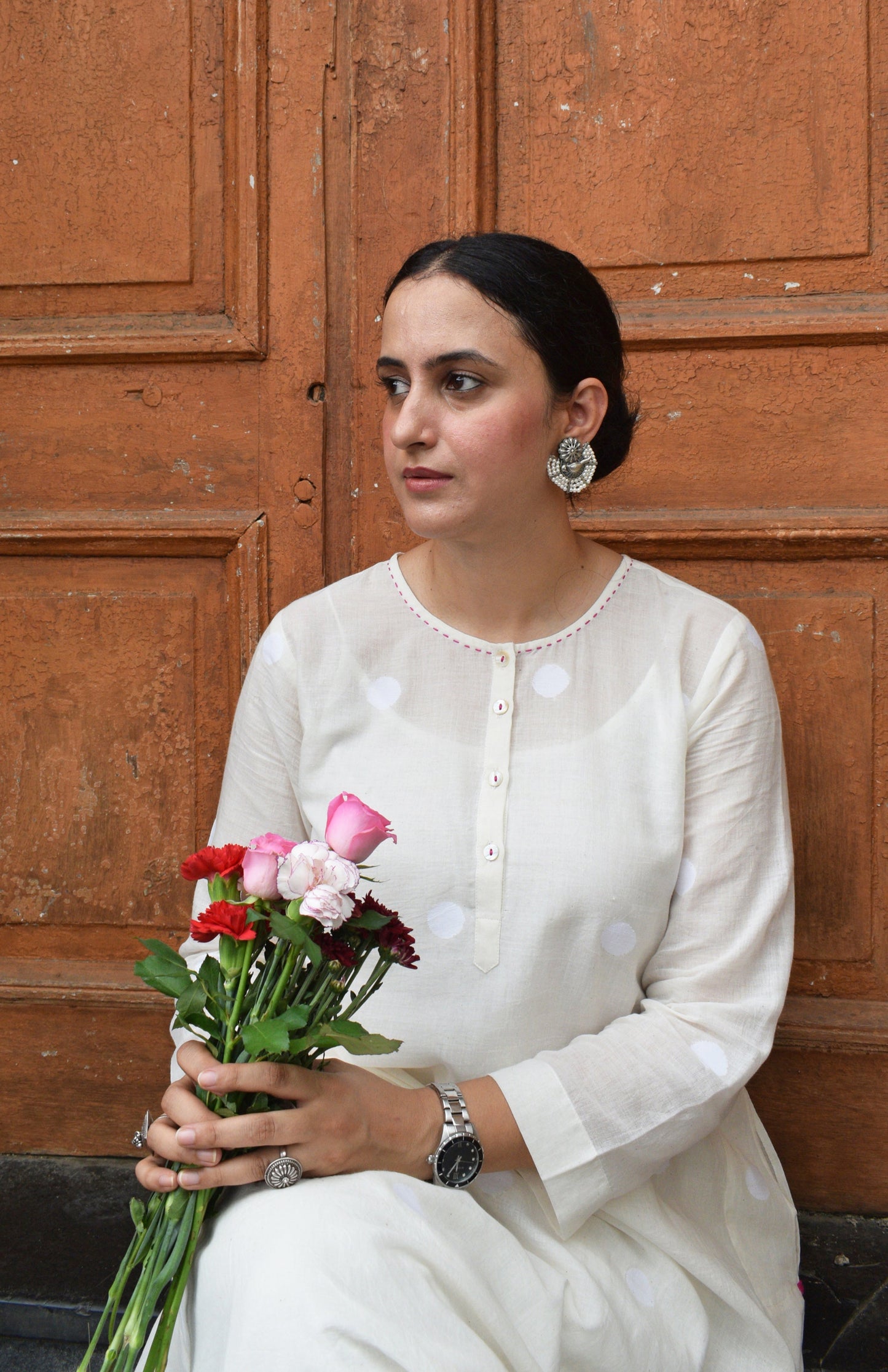 Off White Jamdani Polka dot Kurta with Off White Pyjama
