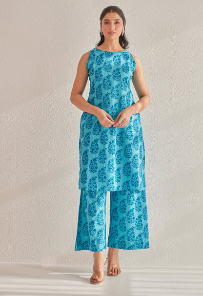 Blue  Sleeveless floral Buta Hand Block Printed Coord Set