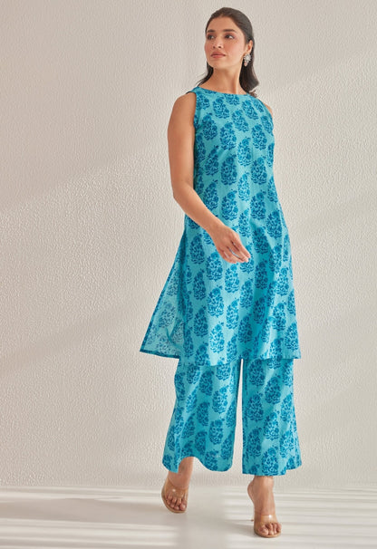 Blue  Sleeveless floral Buta Hand Block Printed Coord Set