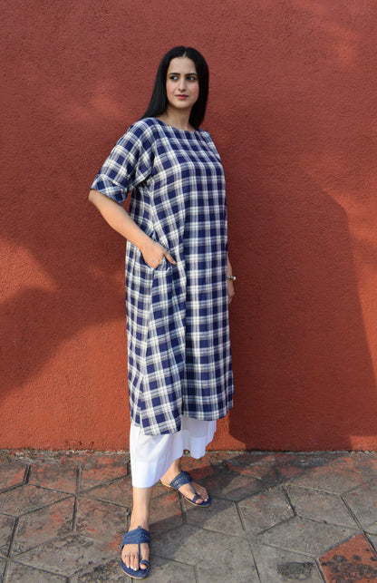 Blue and White Checks Kurta Set in handwoven checks and White Pyjama