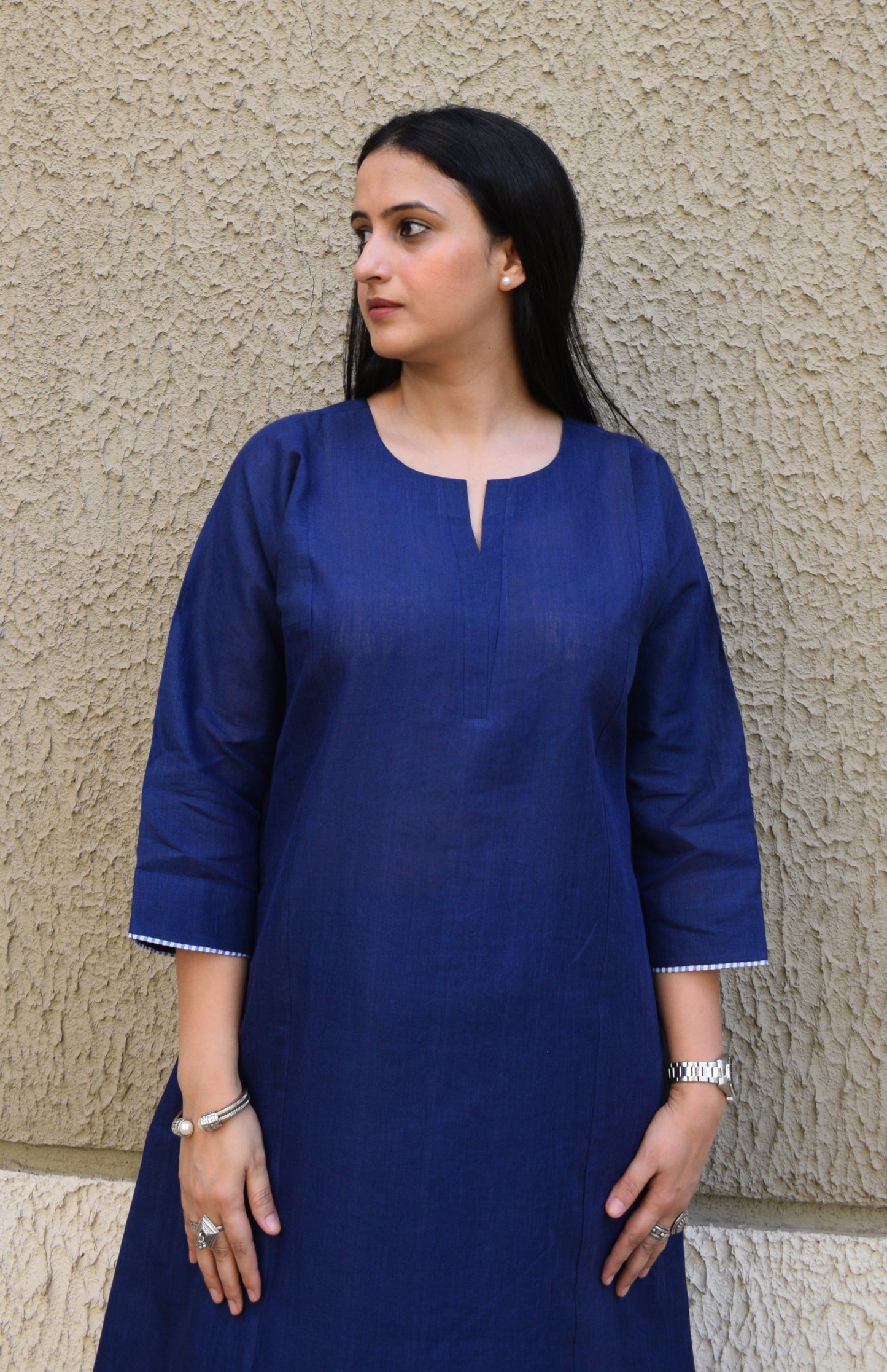 Dark blue linen straight fit paneled kurta